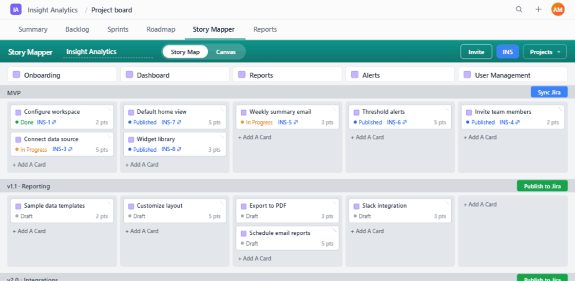 Story Mapper board inside a Jira project showing versions, cards, statuses and Jira keys